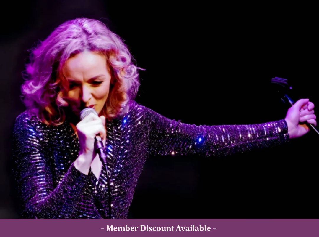 Christmas Jazz with Imelda Singer Imelda Kehoe singing live on stage in a sparkling back dress.
