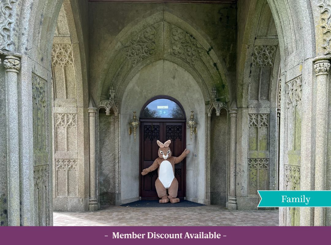 Easter Bunny waving at the front door of Johnstown Castle.