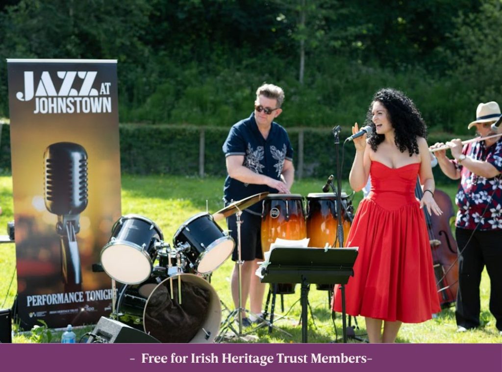 Jazz at Johnstown Festival 2025. Live music on the lawn of the Peacock café. Lead singer wearing a bright red dress singing into a microphone with drummer behind her.