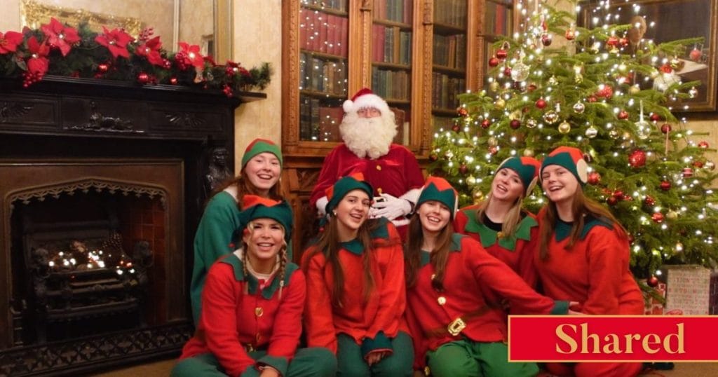 Santa Claus sitting in the library in Johnstown Castle with Christmas elves gathered in front of him, next to a large Christmas tree and fire place. A red banner in the corner reads "Shared".