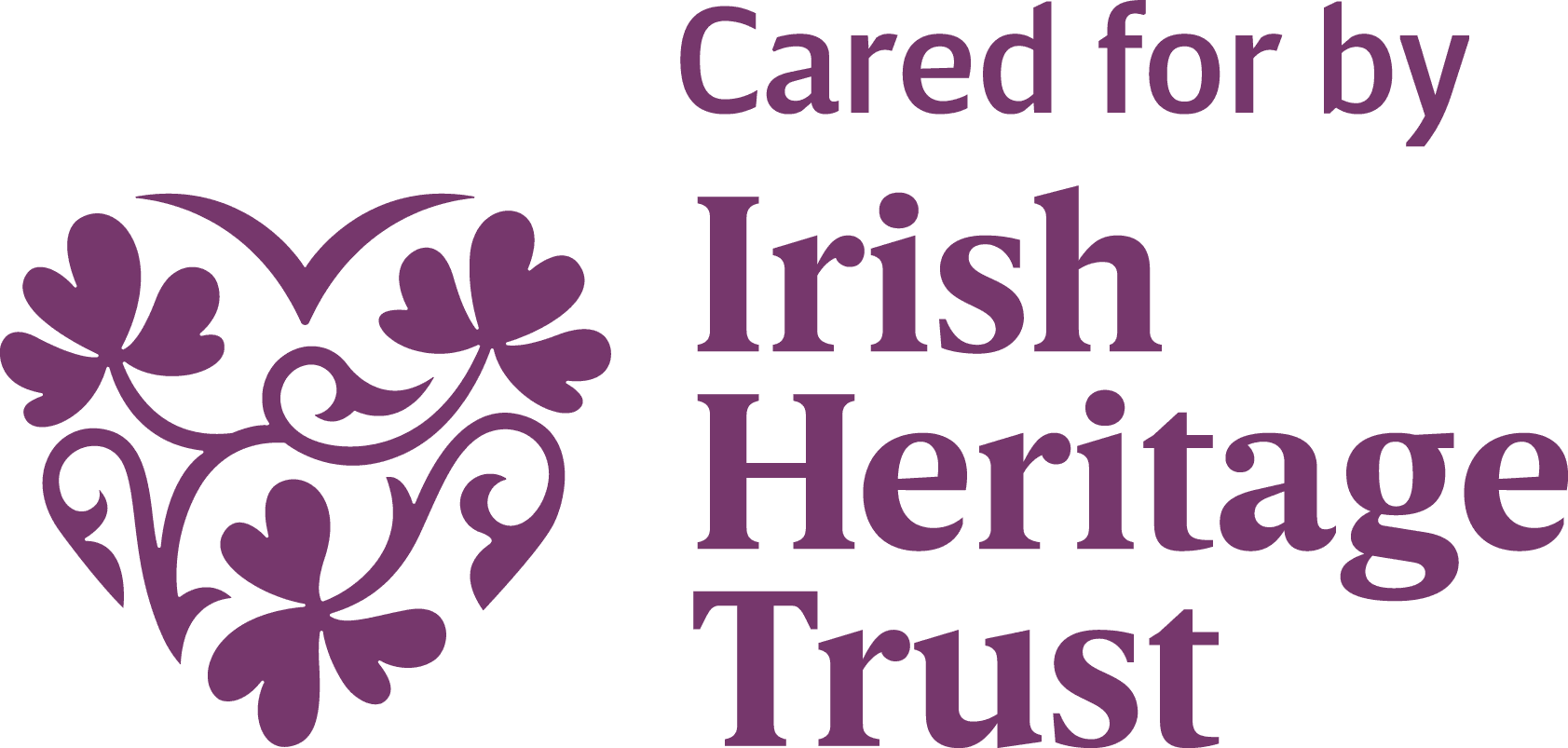 Logo in burgandy/purple with a heritage heart shape on left and words Cared for by Irish Heritage Trust on right side