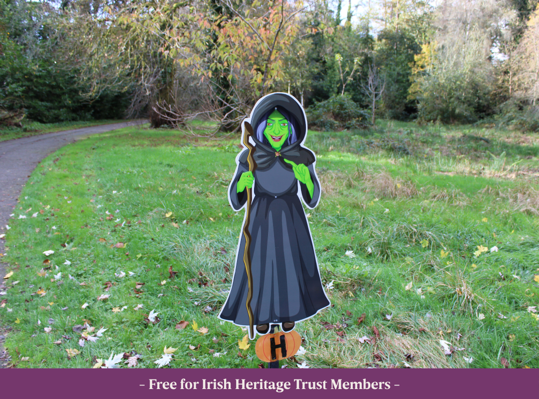 Halloween Estate Trail Meridian A cut out of a green witch in the grounds of Johnstown Castle.