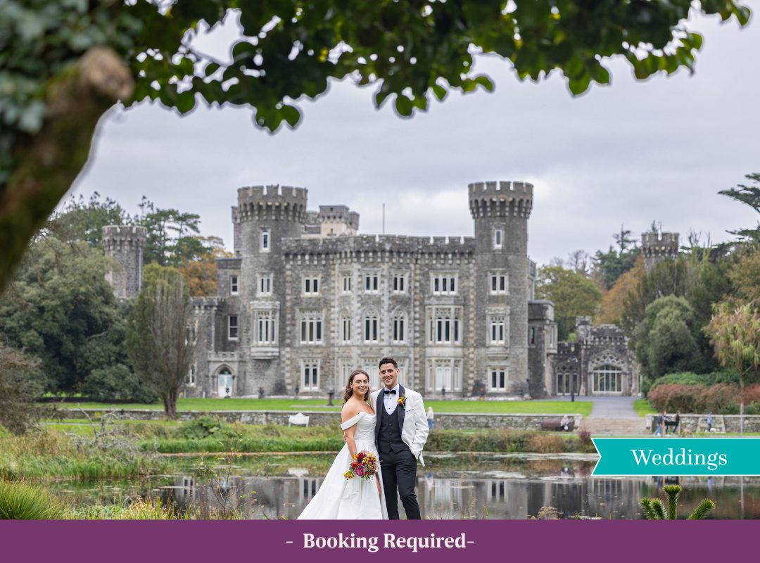 Bride and groom standing together in front of the historic Johnstown Castle, overlooking a lake and picturesque estate grounds.