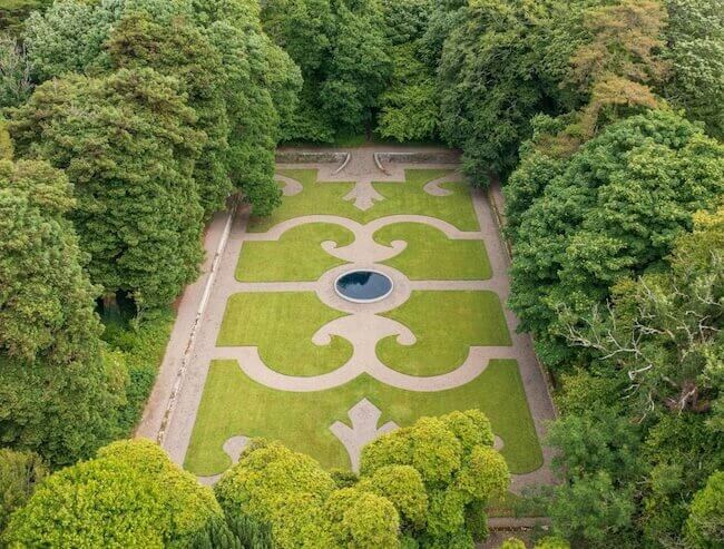 Drone shot of Johnstown Castle sunken garden