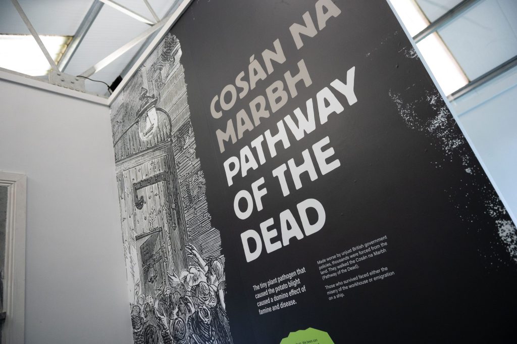 An information panel in the Changing Farming Fortunes Exhibition explaining the pathway of the dead during the Irish Famine. 
