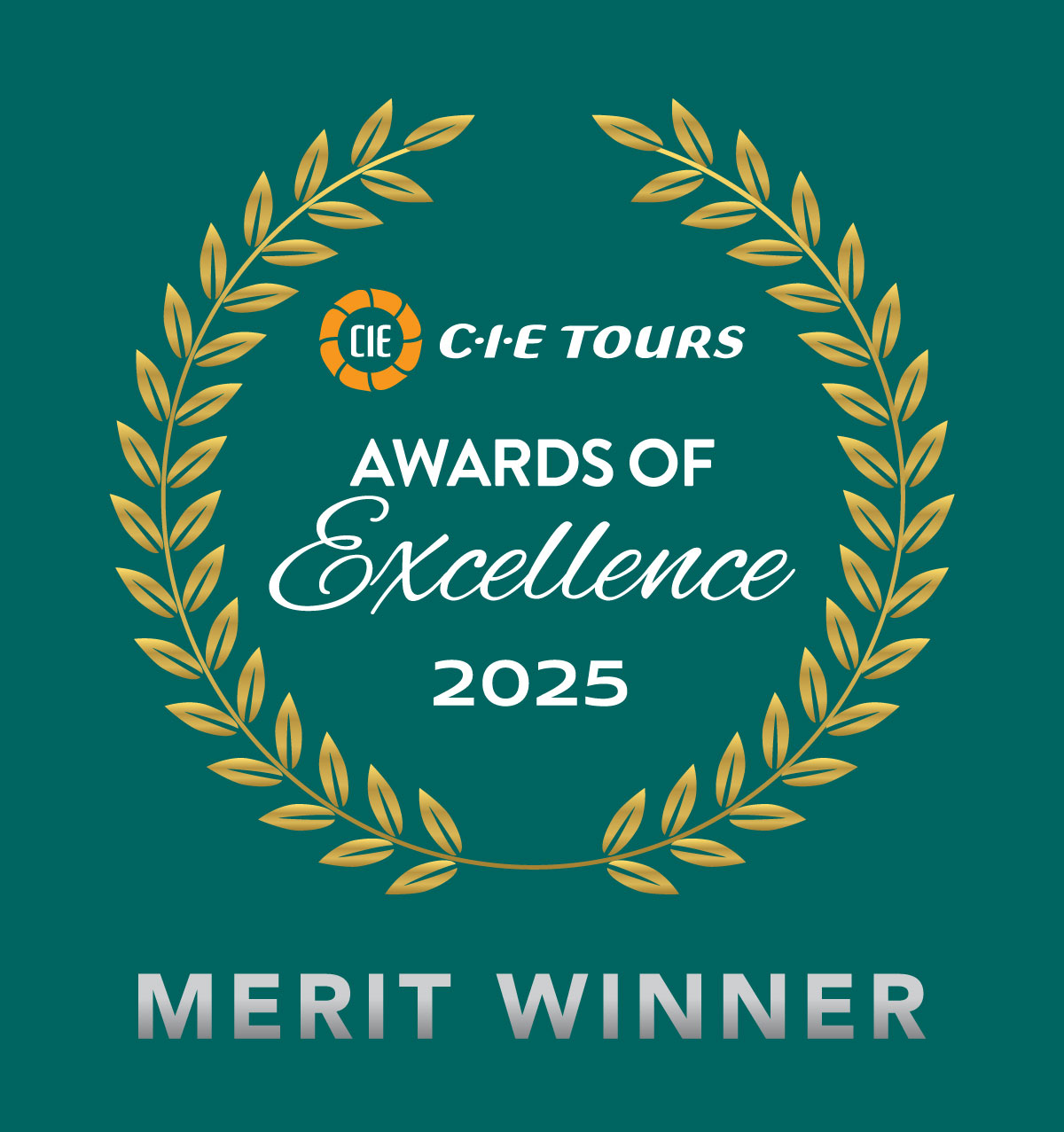 CIE Tours Awards of Excellence 2025 Merit Winner badge with gold laurel wreath on green background.