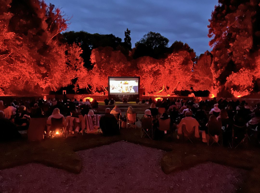 Pop Up Movie Club in the Sunken Garden at Johnstown Castle. Trees a lit up red, large movie screen and visitors sitting in chairs watching the movie.
