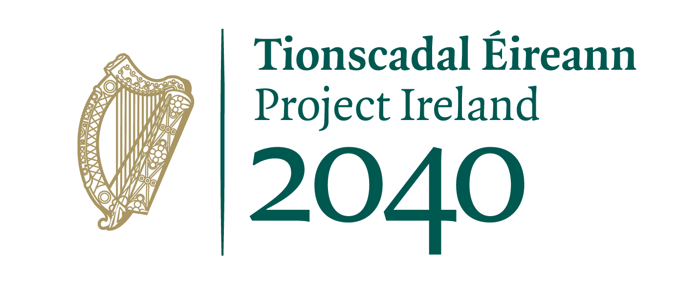 logo of Project Ireland 2040 in English and Irish with a gold harp on the left side.