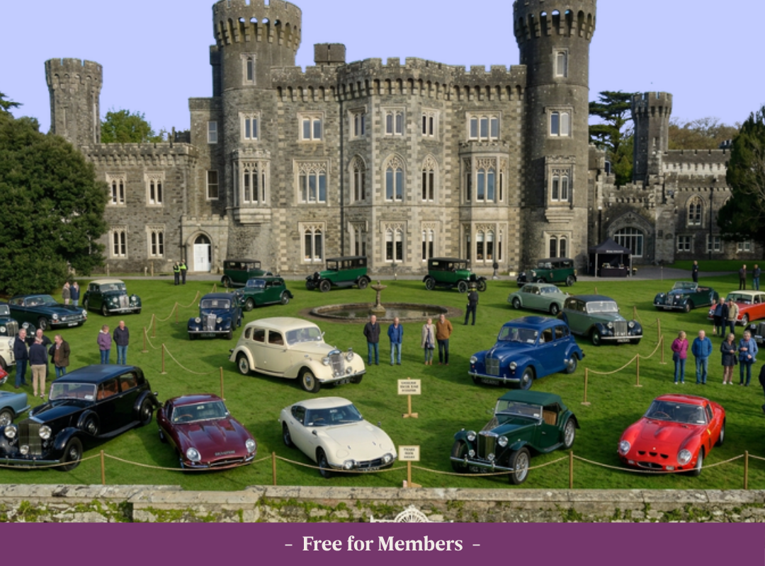 AI generated image of Johnstown Castle with classic cars on the back lawn.
