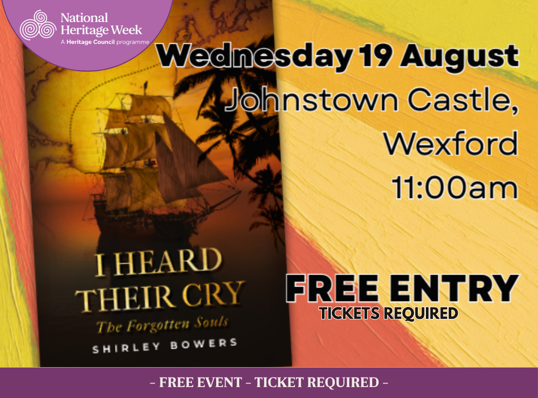 Promotional graphic for a free Heritage Week talk by author Shirley Bowers, featuring her book I Heard Their Cry and the text: 'Free event – tickets required.