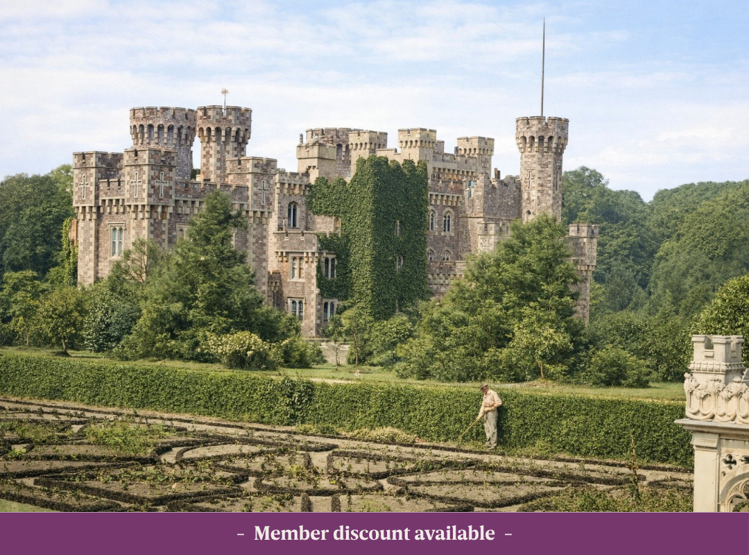 Rooted in History Meridian Historic Image of Johnstown Castle in Wexford Ireland, with a gardener working in the Sunken Garden