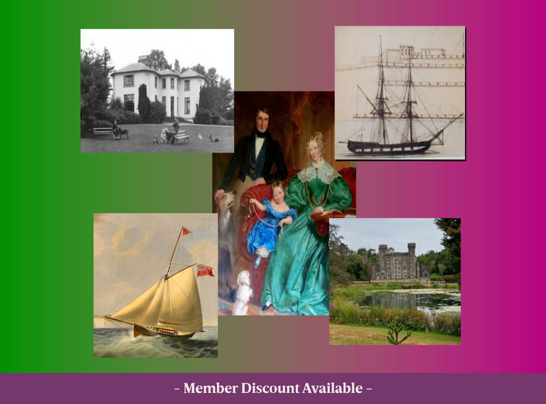 A collage of images containing: Ardkansrick House; a family portrait of the Grogan Morgans; Johnstown Castle; and the Anna Eliza ship.